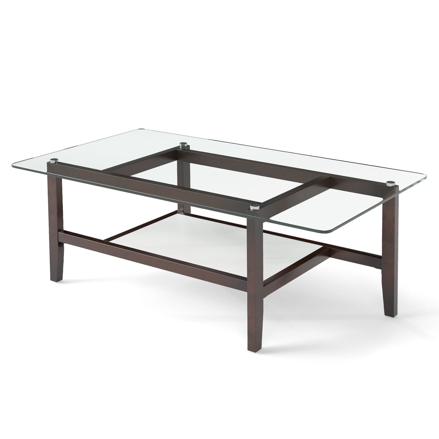 2-Tier Coffee Table with Storage Shelf and Solid Rubber Wood Legs-Brown