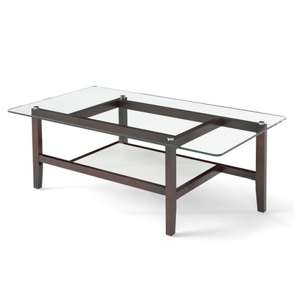 2-Tier Coffee Table with Storage Shelf and Solid Rubber Wood Legs-Brown