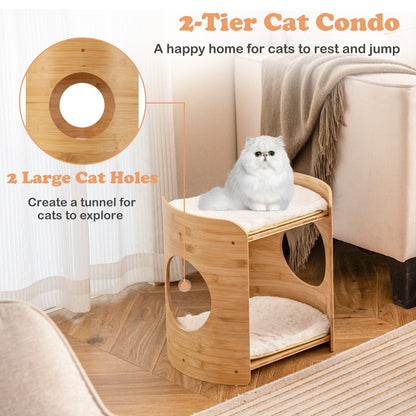 2-Tier Elevated Cat Bed Cat Tower with Natural Bamboo Frame-Natural &amp; White