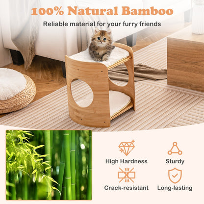 2-Tier Elevated Cat Bed Cat Tower with Natural Bamboo Frame-Natural &amp; White