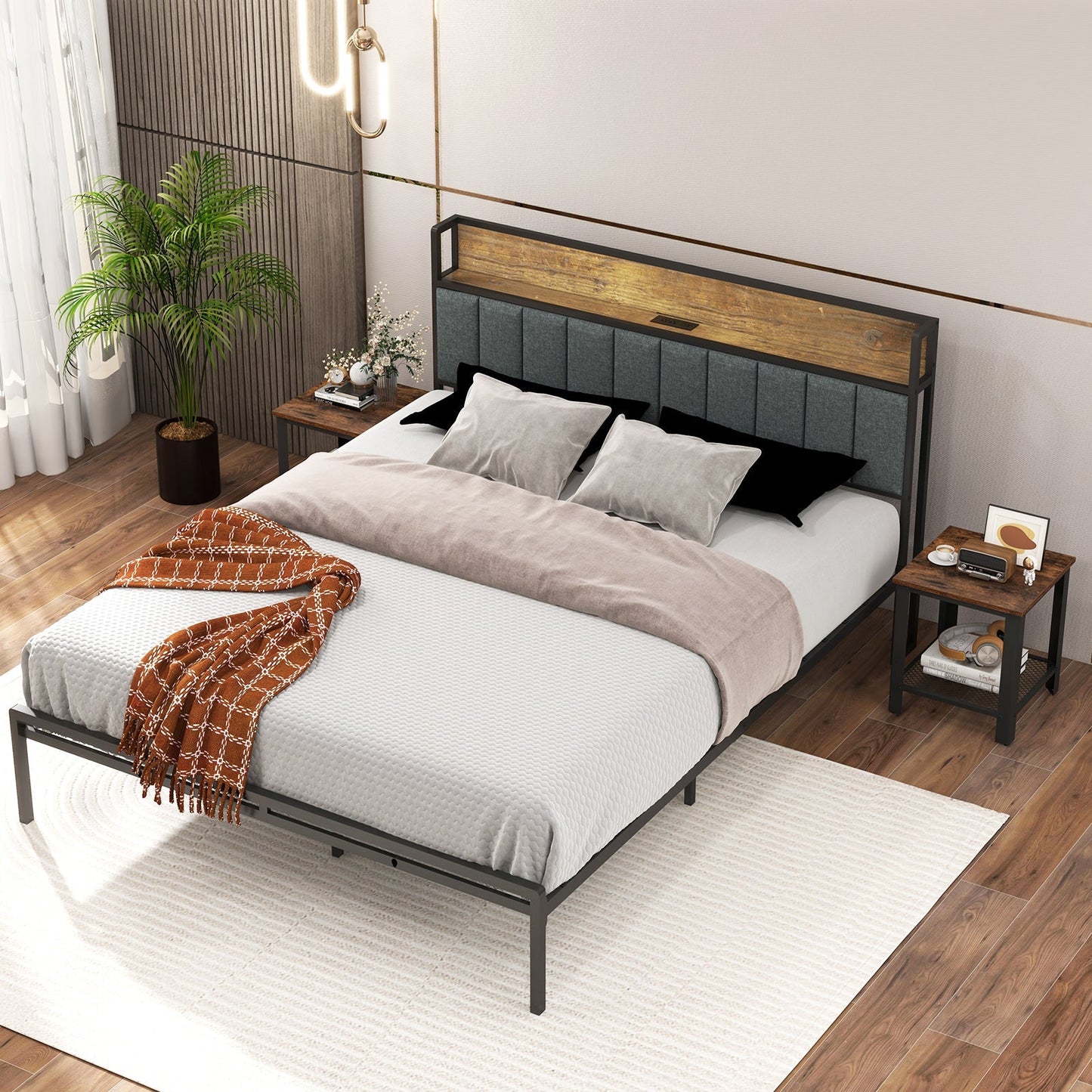 2-Tier End Table Square Sofa Side Table with Mesh Shelf-Rustic Brown