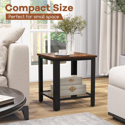 2-Tier End Table Square Sofa Side Table with Mesh Shelf-Rustic Brown