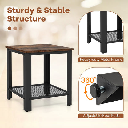2-Tier End Table Square Sofa Side Table with Mesh Shelf-Rustic Brown