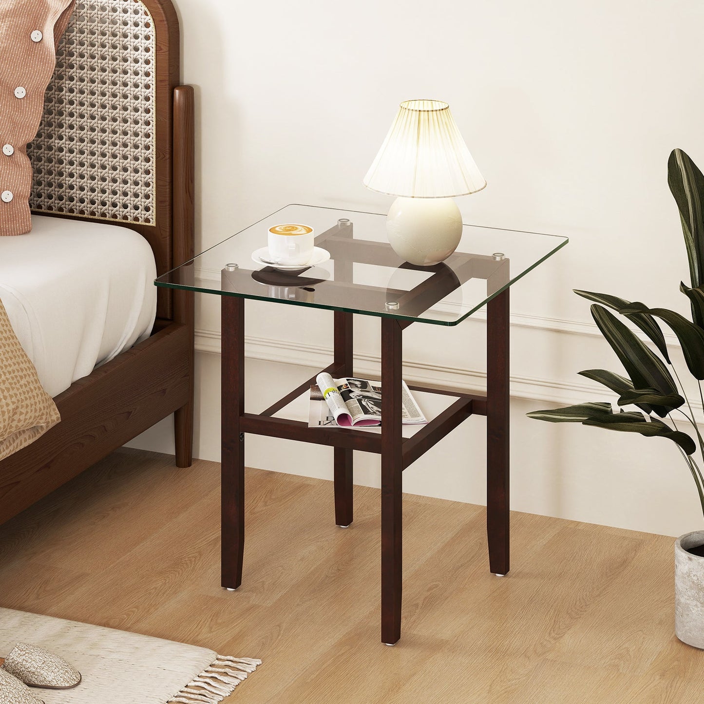 2-Tier End Table with Storage Shelf and Rubber Wood Frame-Brown