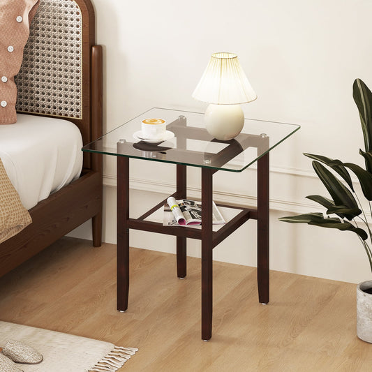 2-Tier End Table with Storage Shelf and Rubber Wood Frame-Brown