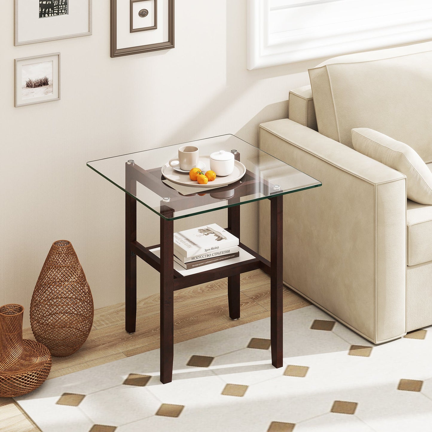 2-Tier End Table with Storage Shelf and Rubber Wood Frame-Brown