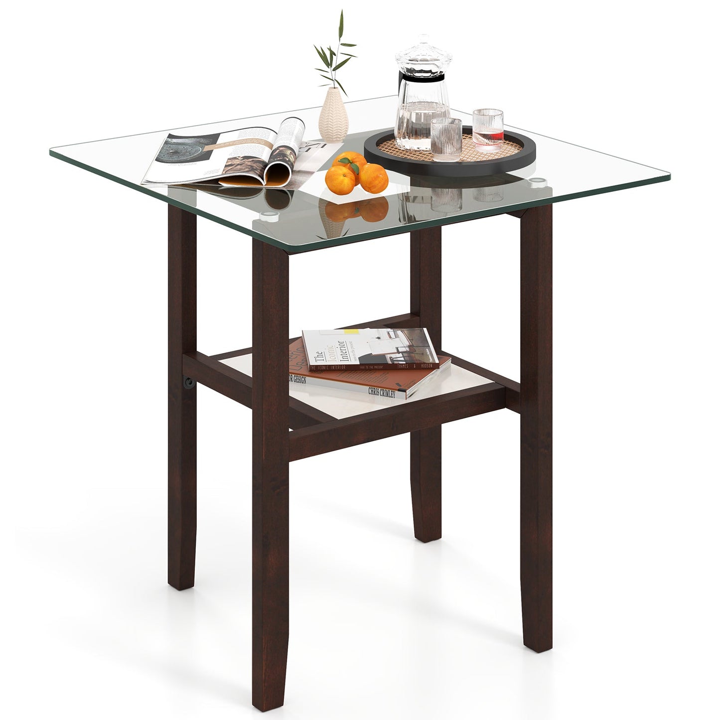 2-Tier End Table with Storage Shelf and Rubber Wood Frame-Brown