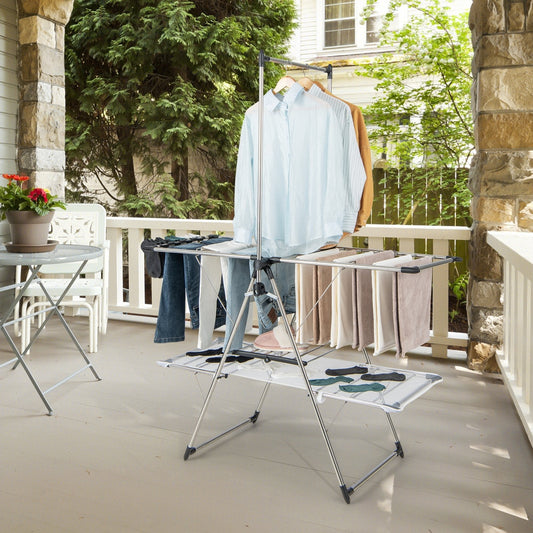 2-Tier Foldable Laundry Drying Rack with Tall Hanging Bar