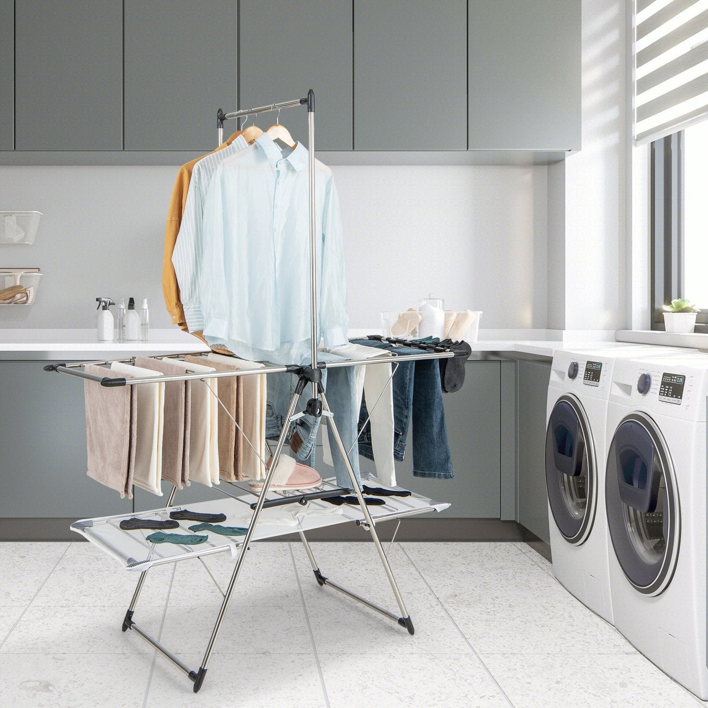2-Tier Foldable Laundry Drying Rack with Tall Hanging Bar