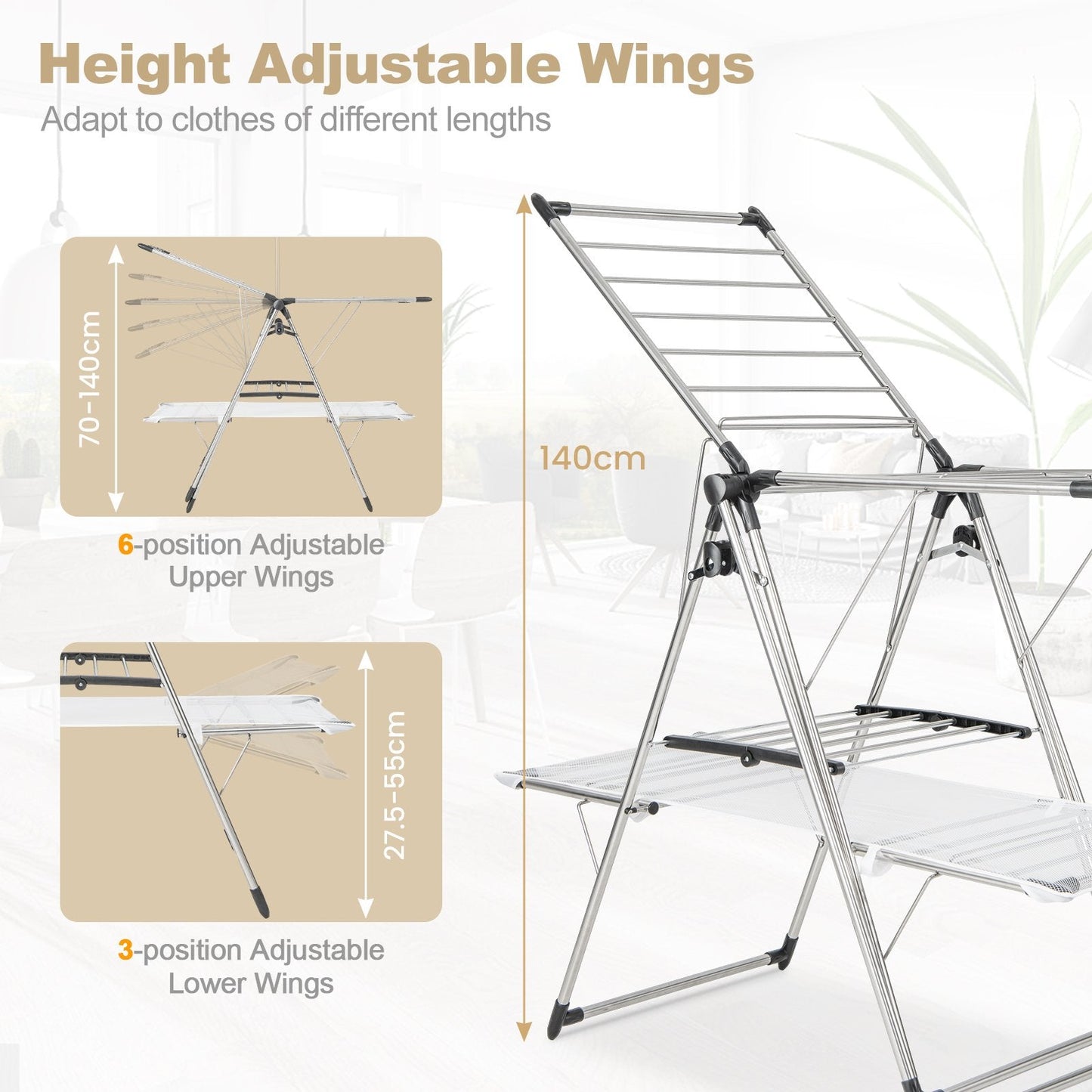 2-Tier Foldable Laundry Drying Rack with Tall Hanging Bar