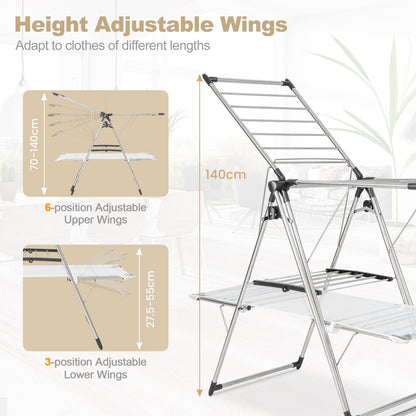 2-Tier Foldable Laundry Drying Rack with Tall Hanging Bar