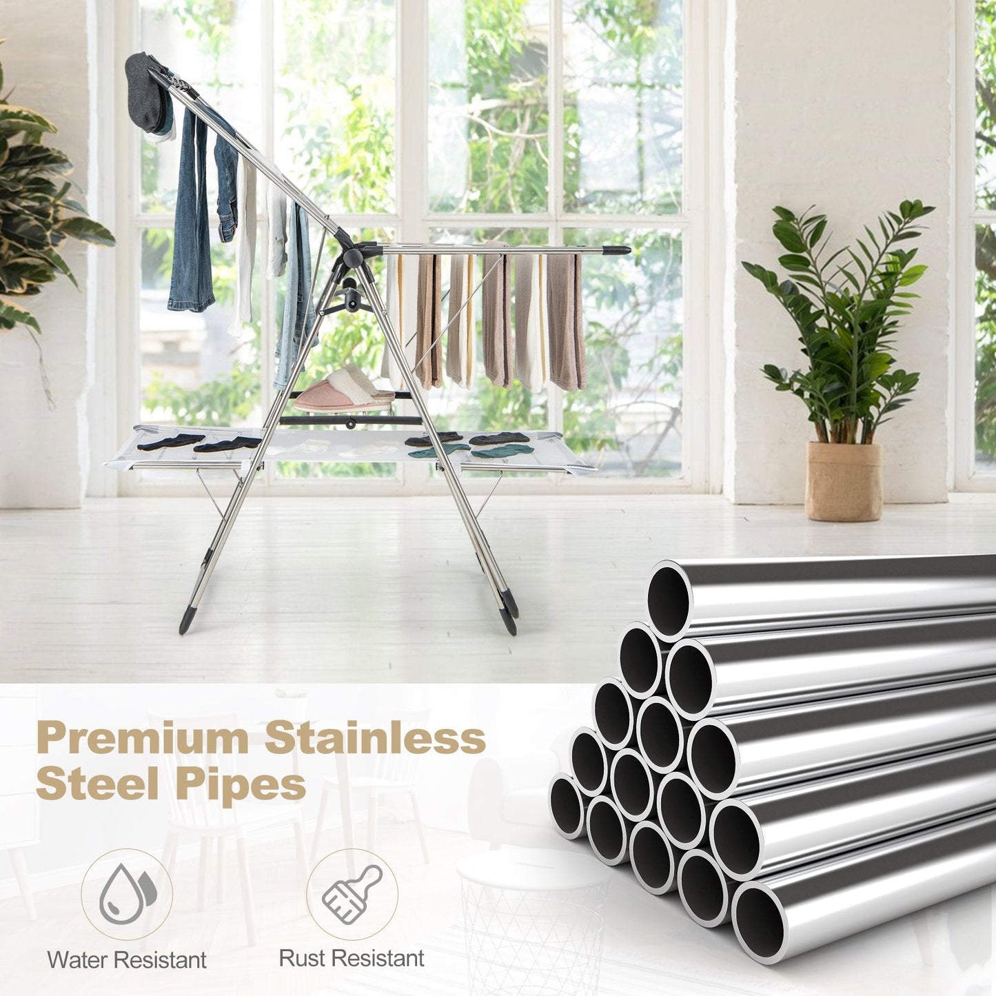 2-Tier Foldable Laundry Drying Rack with Tall Hanging Bar