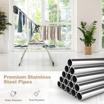 2-Tier Foldable Laundry Drying Rack with Tall Hanging Bar