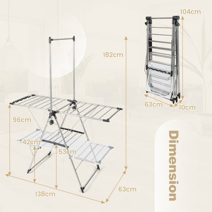 2-Tier Foldable Laundry Drying Rack with Tall Hanging Bar