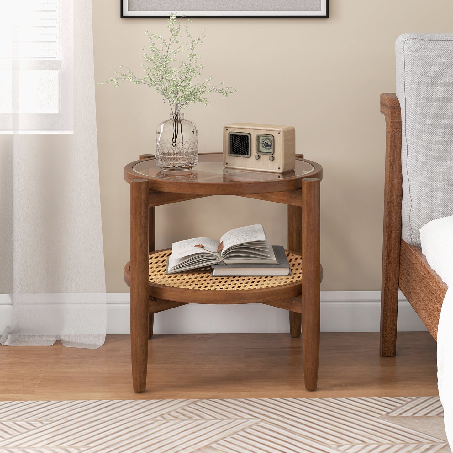 2-Tier PE Rattan Round Side End Table with Tempered Glass Tabletop