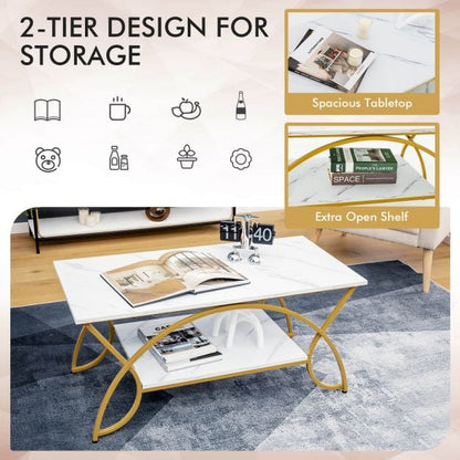 2-Tier Faux Marble Coffee Table with Golden Metal Frame-White