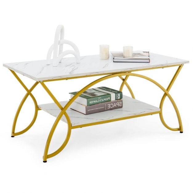 2-Tier Faux Marble Coffee Table with Golden Metal Frame-White