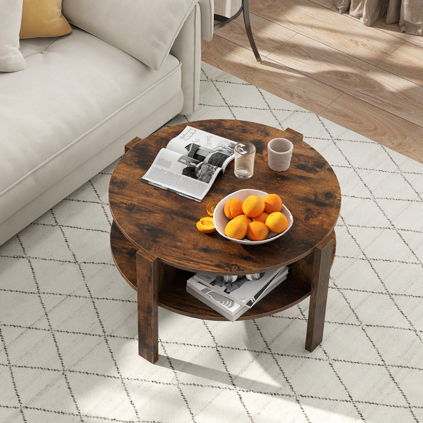 2-Tier Round Coffee Table with 4 Shelves-Rustic Brown
