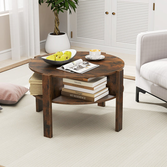 2-Tier Round Coffee Table with 4 Shelves-Rustic Brown