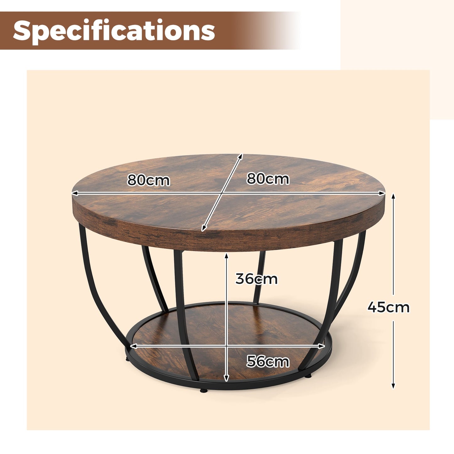2-Tier Round Coffee Table with Storage Metal Frame Tea Cocktail Table-Natural