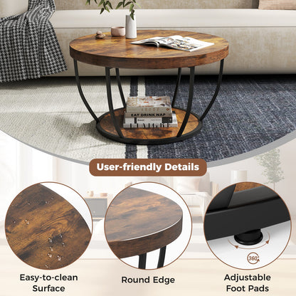 2-Tier Round Coffee Table with Storage Metal Frame Tea Cocktail Table-Natural