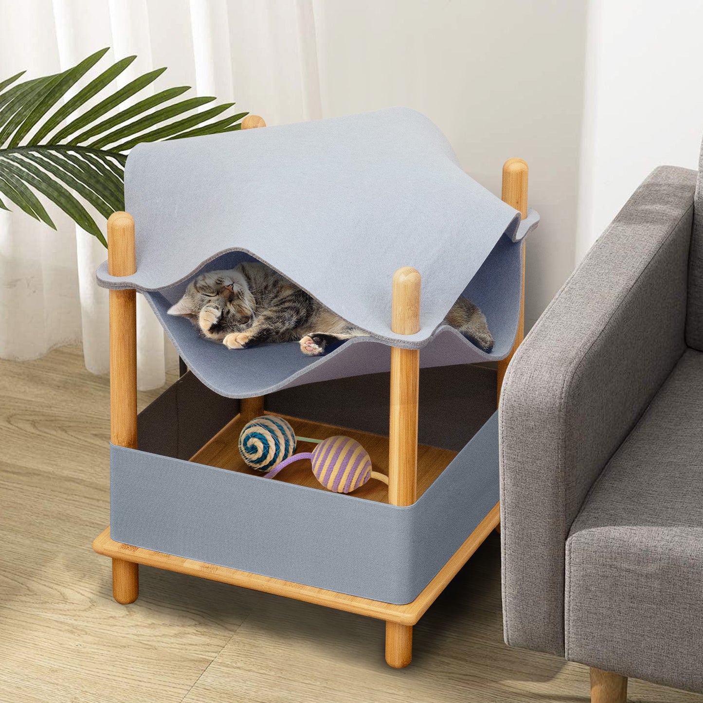 2-Tier Wooden Cat House Modern Cat Tree with Semi-enclosed Condo-Grey