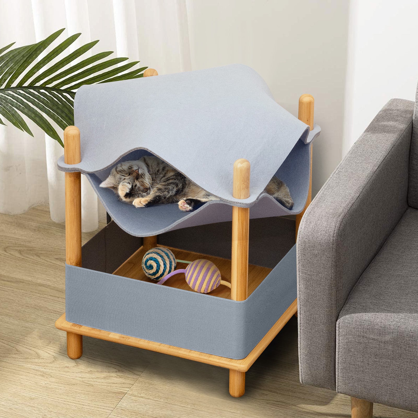 2-Tier Wooden Cat House Modern Cat Tree with Semi-enclosed Condo-Grey