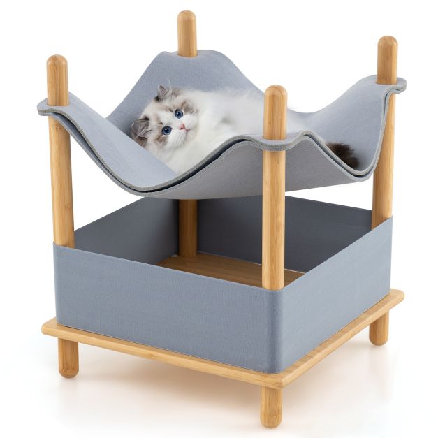 2-Tier Wooden Cat House with Semi-enclosed Condo and Removable Clothes-Grey
