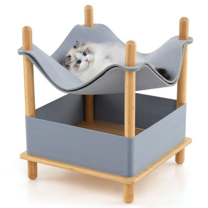 2-Tier Wooden Cat House with Semi-enclosed Condo and Removable Clothes-Grey