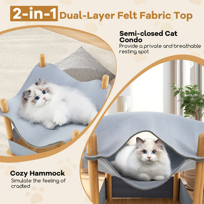 2-Tier Wooden Cat House Modern Cat Tree with Semi-enclosed Condo-Grey