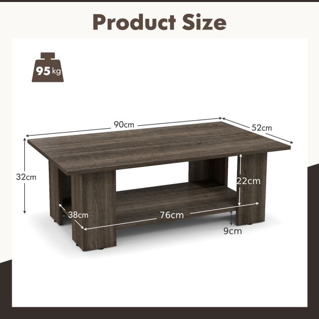 2-Tier Wooden Coffee Table with Storage Shelf and 5 Support Legs-Grey