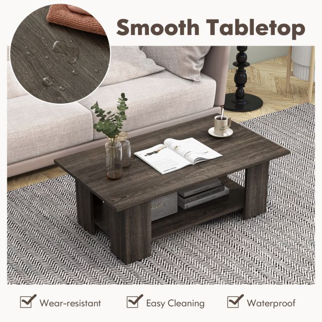 2-Tier Wooden Coffee Table with Storage Shelf and 5 Support Legs-Grey