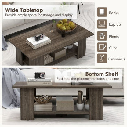 2-Tier Wooden Coffee Table with Storage Shelf and 5 Support Legs-Grey