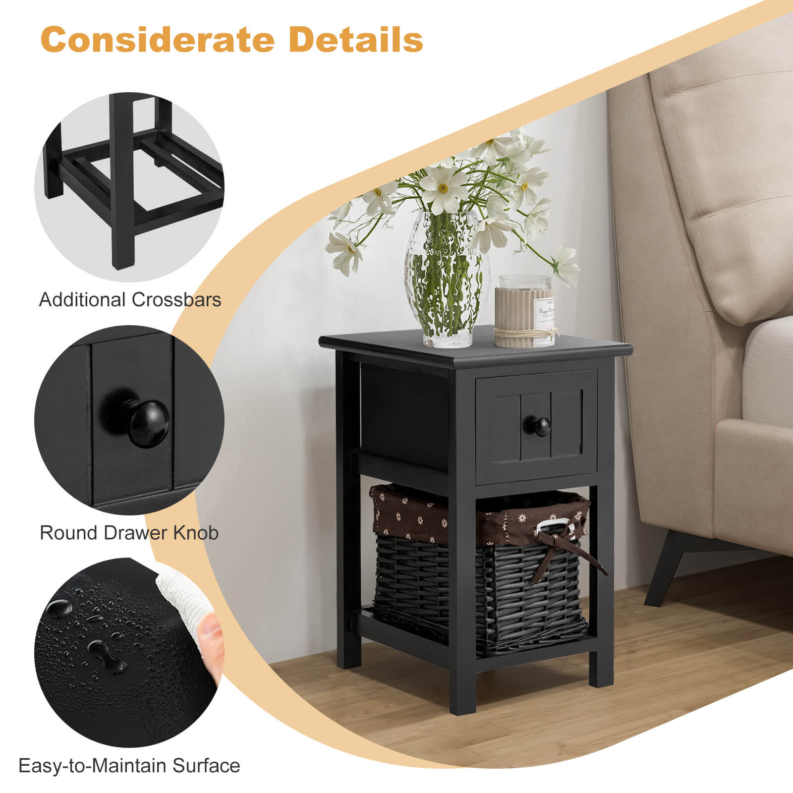 2 Tiers Wood Nightstand with 1 Drawer and 1 Baskets for Home-Black