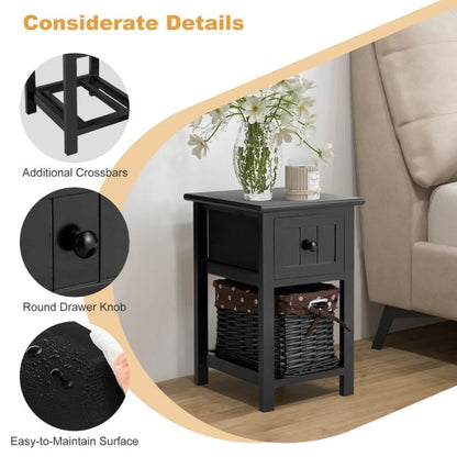 2 Tiers Wood Nightstand with 1 Drawer and 1 Baskets for Home-Black