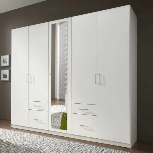 Flock 5 Door 4 Drawer Large Mirrored Wardrobe - White