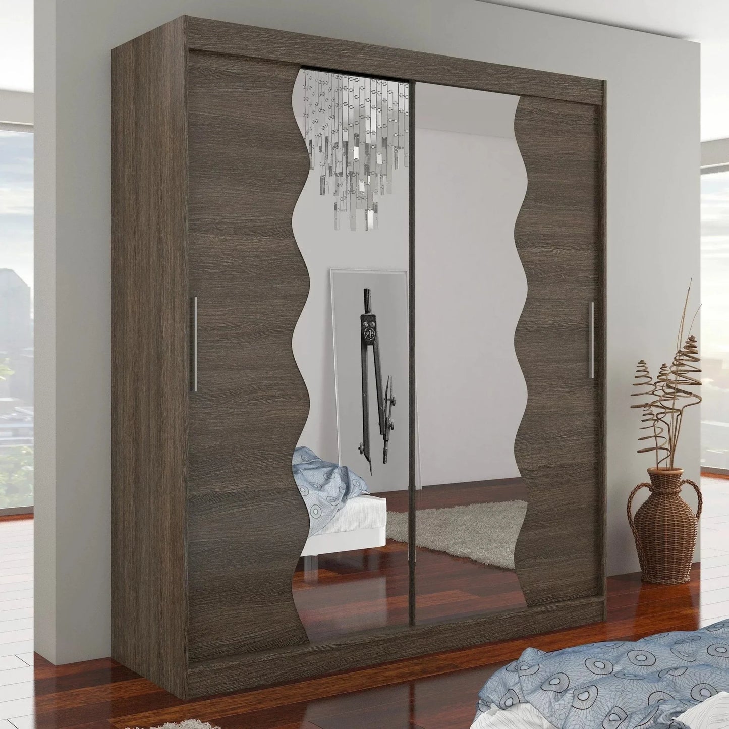 Kamil Mirrored 2-Door Sliding Wardrobe 180cm - Black, Brown or Sonoma Oak