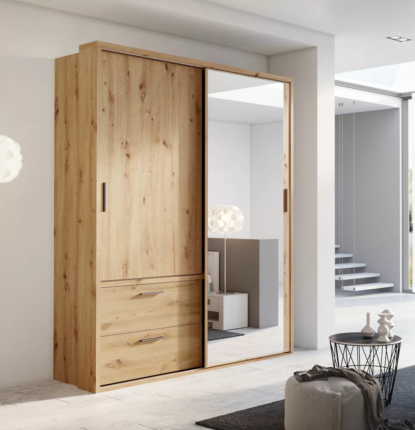 Kinza 180cm Sliding Door Wardrobe - White and Oak