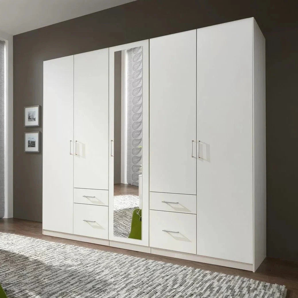 Flock 5 Door 4 Drawer Large Mirrored Wardrobe - White