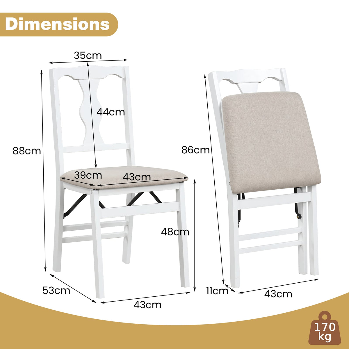 Set of 2 Folding Dining Chairs with Soft Padded Seat and Smooth Solid Backrest-White