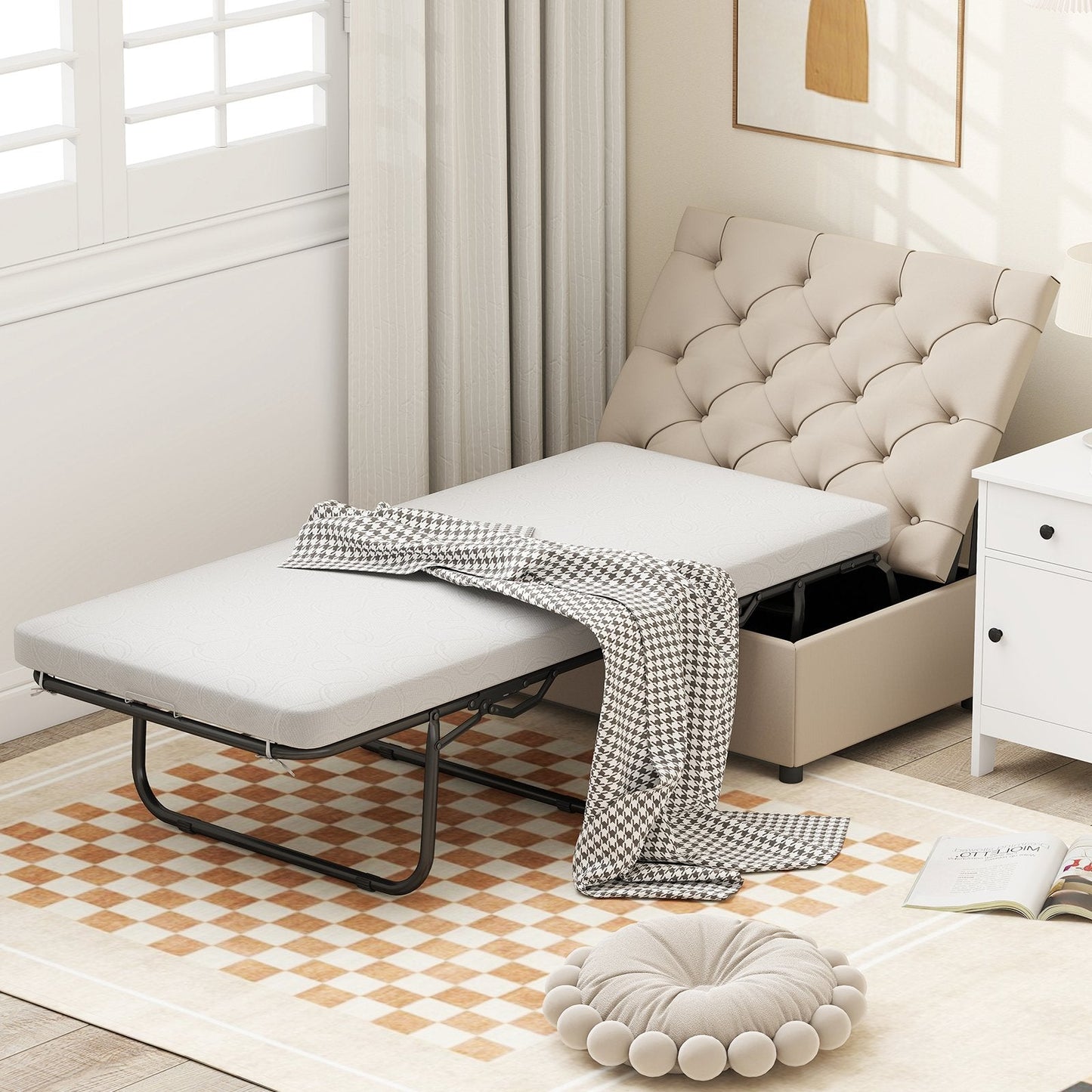 2-in-1 Convertible Sofa Bed with Mattress for Home and Office-Beige