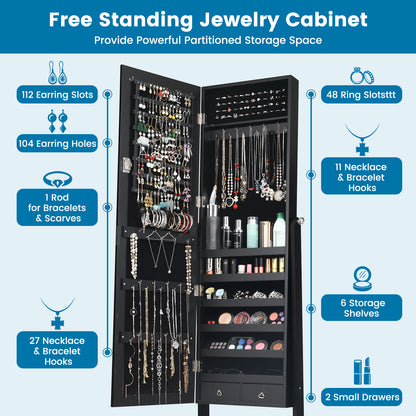 Freestanding Jewelry Cabinet with Full-Length Mirror and Drawers-Black
