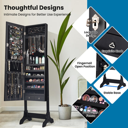 Freestanding Jewelry Cabinet with Full-Length Mirror and Drawers-Black
