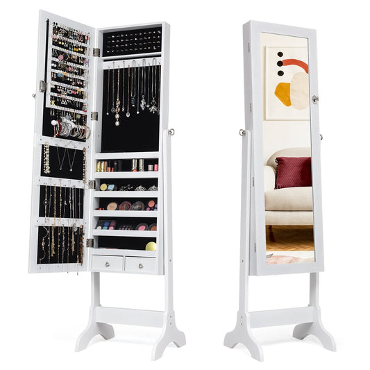 Freestanding Jewelry Cabinet with Full-Length Mirror and Drawers-White