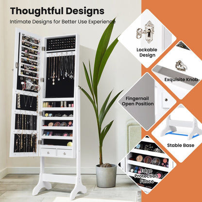 Freestanding Jewelry Cabinet with Full-Length Mirror and Drawers-White