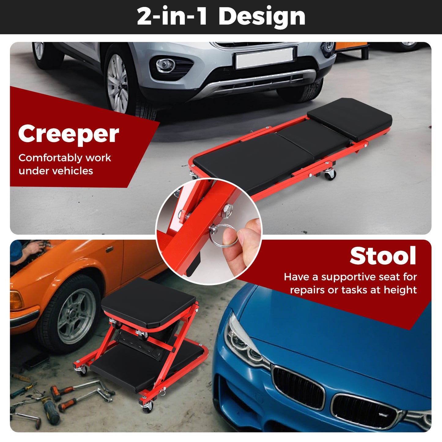 2-in-1 Rolling Creeper Seat Folding Creeper with 6 Universal Wheels