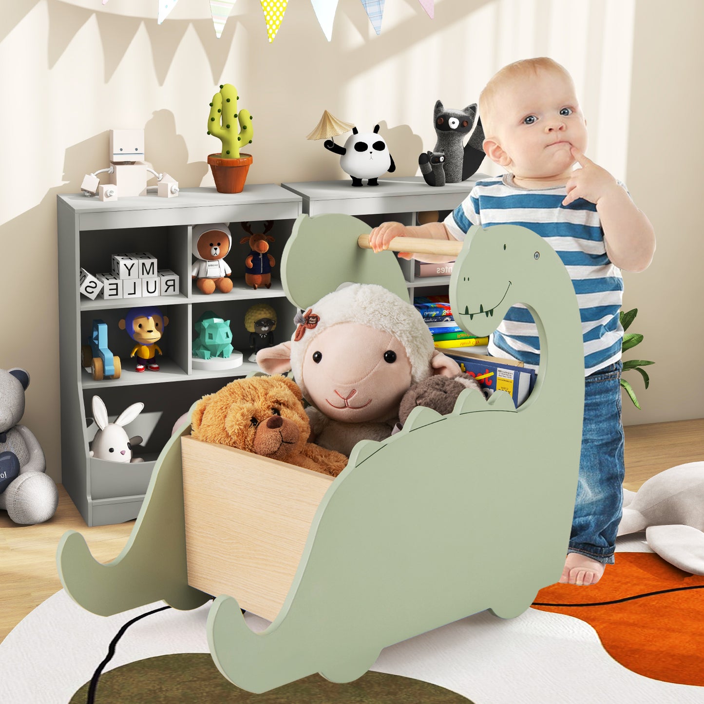 2 in 1 Wooden Baby Push Walker Toddler Shopping Cart with Pine Wood Handle-Green