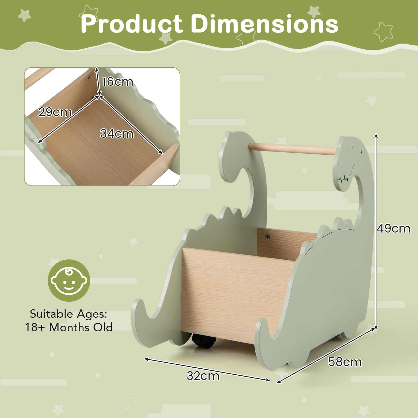 2 in 1 Wooden Baby Push Walker Toddler Shopping Cart with Pine Wood Handle-Green