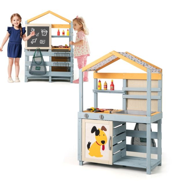 2 in 1 Wooden Mud Kitchen and Grocery Store with Removable Sink-Grey