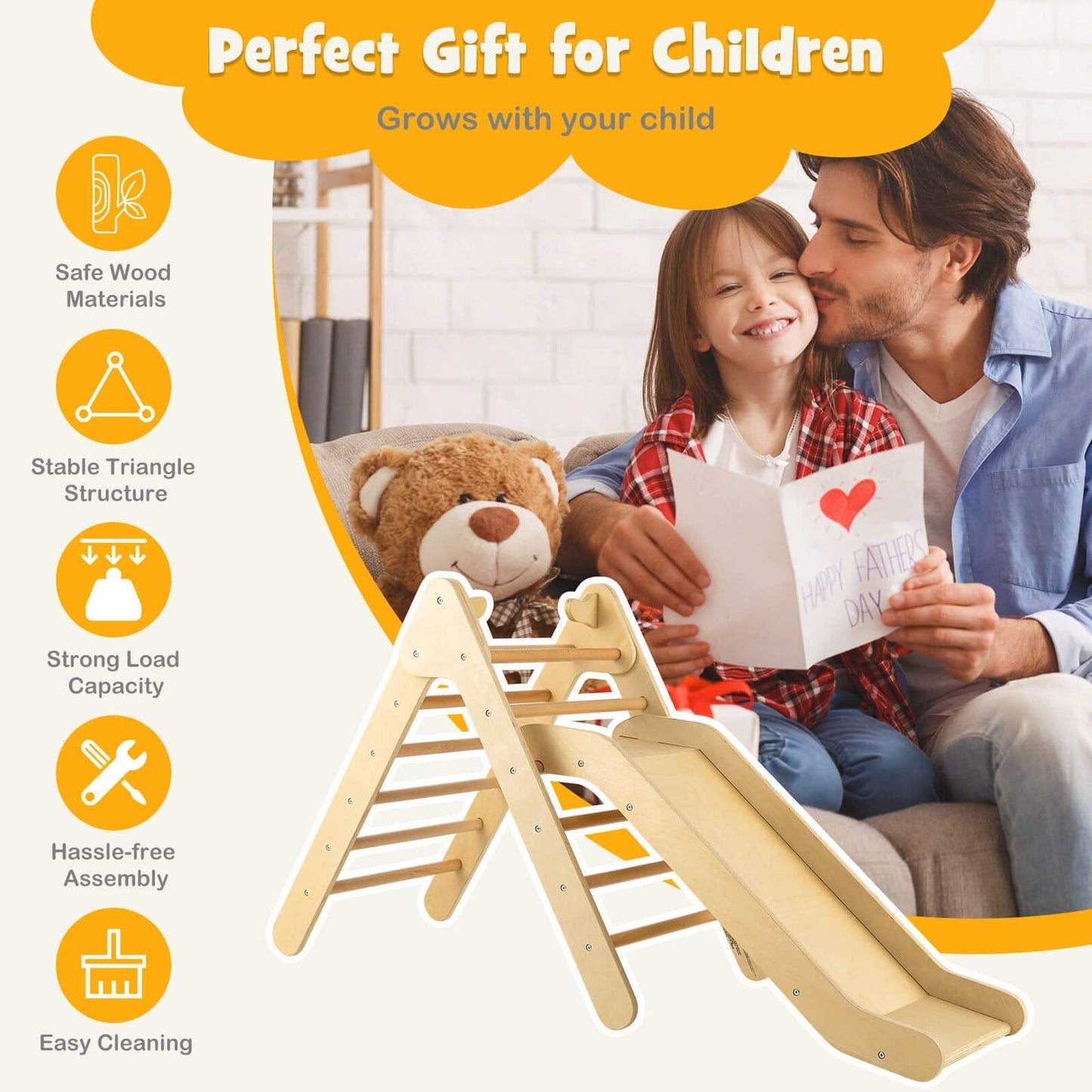 2-in-1 Wooden Triangle Climbing Toy with Gradient Adjustable Slide-Natural